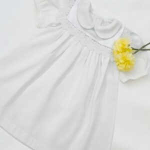 Cotton White and Lemon Self-Woven Frocks With Satin Lace Flaps