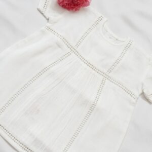 White Self woven Frock With Pintucks & Connecting lace – view 2
