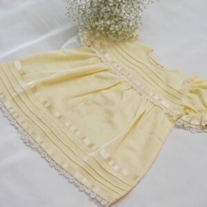 Cotton Self Woven Frocks in Lemon &White With Fine Pintucks, Lace & Ribbon – view 1