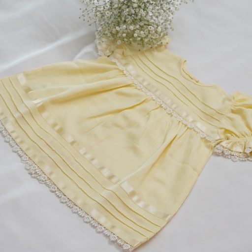 Cotton Self Woven Frocks in Lemon &White With Fine Pintucks, Lace & Ribbon – alternate view