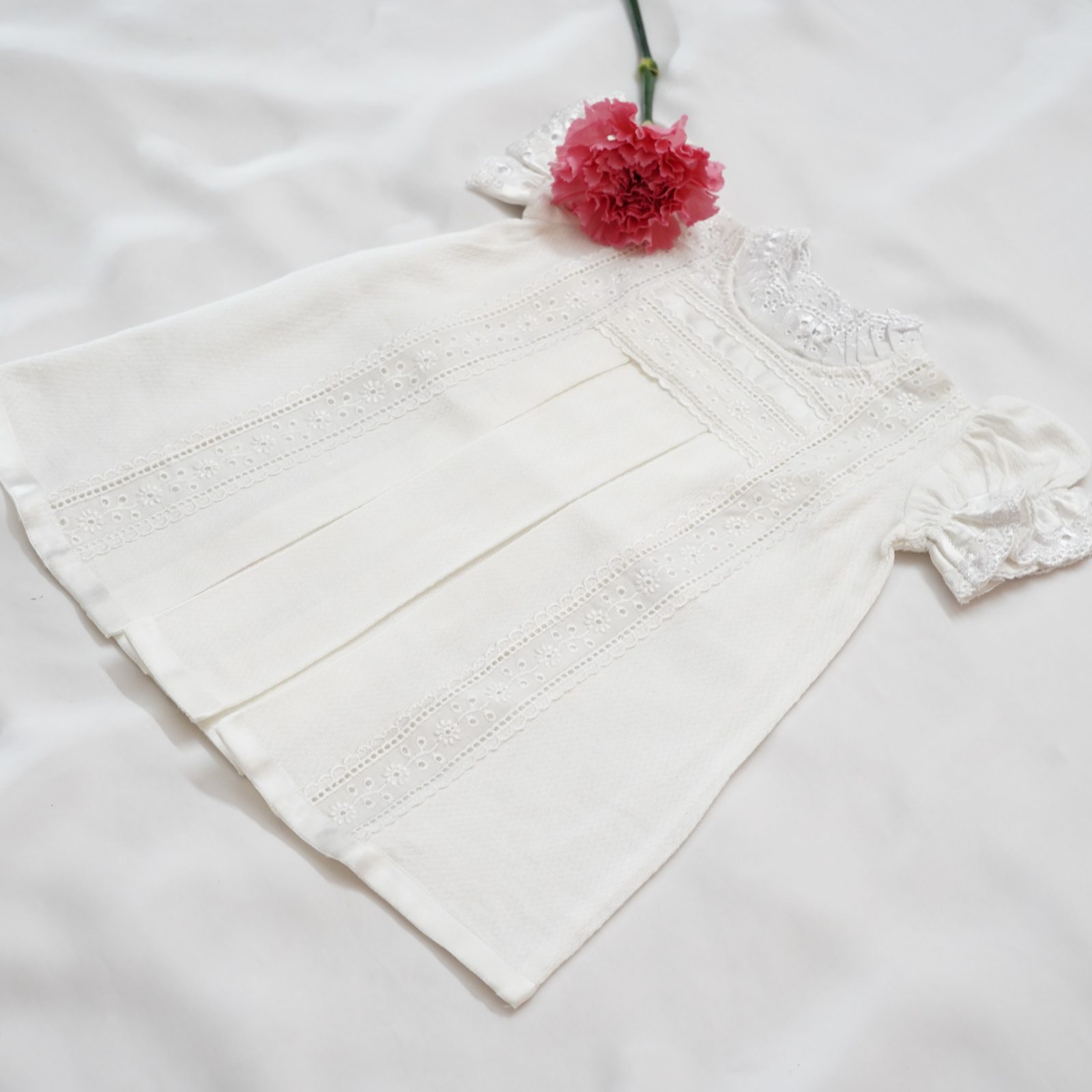 White Self-Woven Cotton Frocks  With Victorian Necks & Box Pleate – alternate view