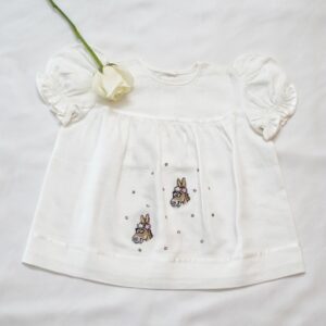 Cotton Self Woven Frocks in Lemon &White With Embroideries (3-6 Months) – view 1
