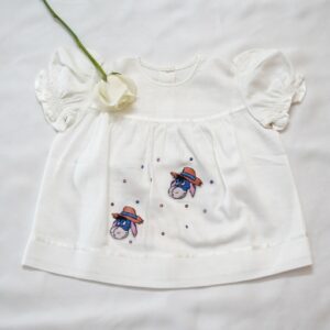 Cotton Self Woven Frocks in Lemon &White With Embroideries (3-6 Months) – view 3