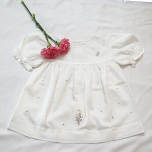 Cotton Self Woven Frocks in Lemon &White With Embroideries (3-6 Months) – view 4