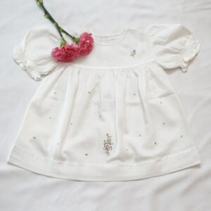 Cotton Self Woven Frocks in Lemon &White With Embroideries (1-2 Years)