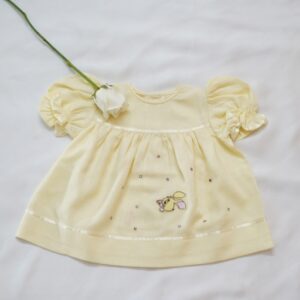 Cotton Self Woven Frocks in Lemon &White With Embroideries (0-3 Months) – view 1