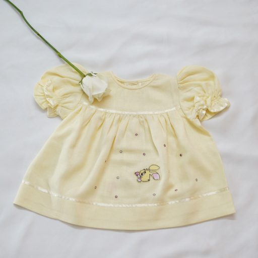 Cotton Self Woven Frocks in Lemon &White With Embroideries (0-3 Years) alternate