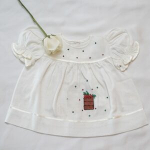 Cotton Self Woven Frocks in Lemon &White With Embroideries (0-3 Months) – view 2