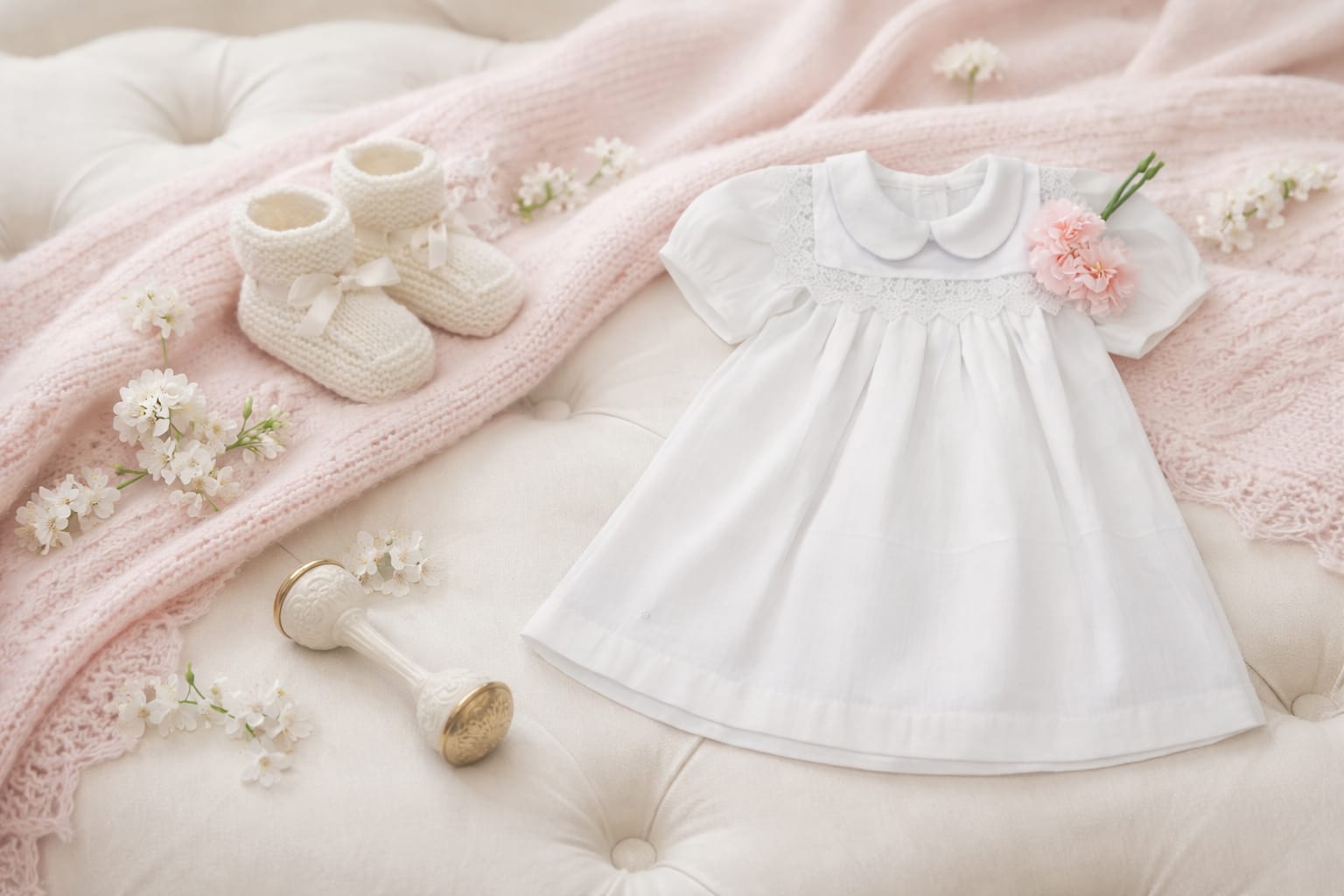 Delicate handmade baby dress with knit booties and flowers